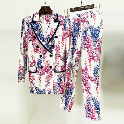SS2217 Mature Lady Violet Floral V-Neck Long Sleeve Suit Pants Two-Piece Set Women's Suit with Polyester and Cotton Fabric