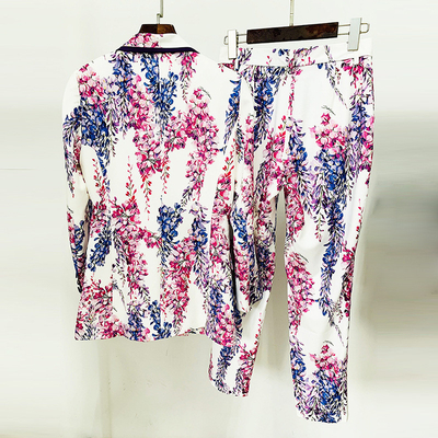 SS2217 Mature Lady Violet Floral V-Neck Long Sleeve Suit Pants Two-Piece Set Women's Suit with Polyester and Cotton Fabric
