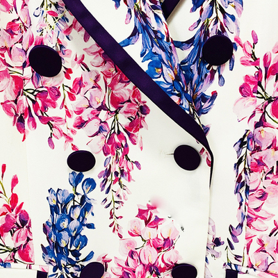 SS2217 Mature Lady Violet Floral V-Neck Long Sleeve Suit Pants Two-Piece Set Women's Suit with Polyester and Cotton Fabric