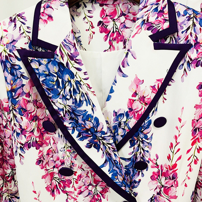 SS2217 Mature Lady Violet Floral V-Neck Long Sleeve Suit Pants Two-Piece Set Women's Suit with Polyester and Cotton Fabric