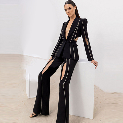 SS2216 Women's Fashion Two-piece Set Luxurious Long-sleeved Black Suit Jacket and Pants with Crystal Embellishments