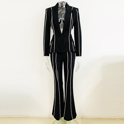 SS2216 Women's Fashion Two-piece Set Luxurious Long-sleeved Black Suit Jacket and Pants with Crystal Embellishments