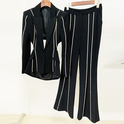 SS2216 Women's Fashion Two-piece Set Luxurious Long-sleeved Black Suit Jacket and Pants with Crystal Embellishments