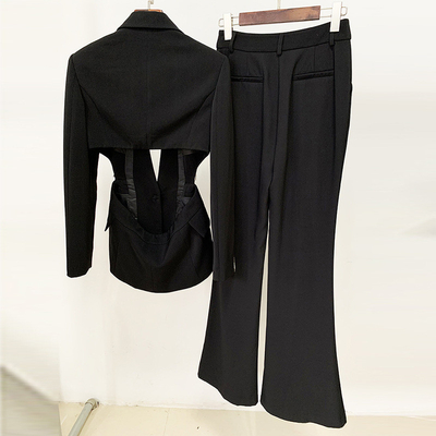 SS2216 Women's Fashion Two-piece Set Luxurious Long-sleeved Black Suit Jacket and Pants with Crystal Embellishments