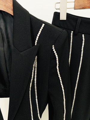 SS2216 Women's Fashion Two-piece Set Luxurious Long-sleeved Black Suit Jacket and Pants with Crystal Embellishments