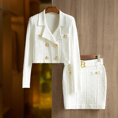 65% Cotton 35% Polyester H3364 V-Neck Designer Suit Jacket Set for Women Two-Piece Set Designer Collection Spring/Autumn