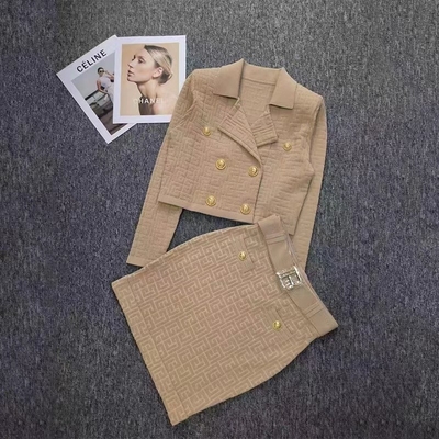 65% Cotton 35% Polyester H3364 V-Neck Designer Suit Jacket Set for Women Two-Piece Set Designer Collection Spring/Autumn