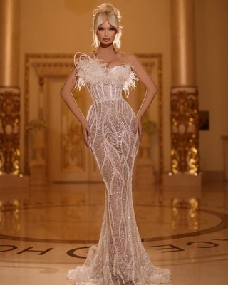 Picture Color Pearl Feather Women's Party Dress Luxury Fashion Women's Wedding Dress Long Polyester Fabric Women's Clothing