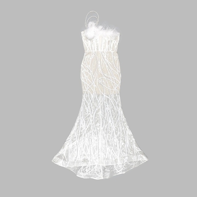 Picture Color Pearl Feather Women's Party Dress Luxury Fashion Women's Wedding Dress Long Polyester Fabric Women's Clothing