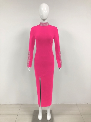 Kimshein LS2506 High Neck Crystal Evening Dress with Long Sleeves and High Slit Bodycon Bandage Skirt