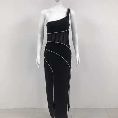 SB3025 Black Sexy Breathable Elastic Elegant Women's Crystal Bandage Dress with Satin Finish Material and Design by Kimshein