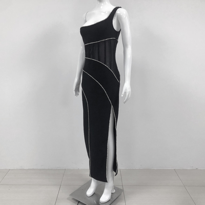 SB3025 Black Sexy Breathable Elastic Elegant Women's Crystal Bandage Dress with Satin Finish Material and Design by Kimshein