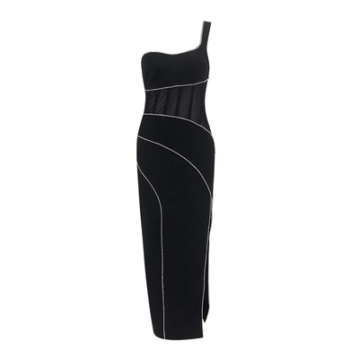 SB3025 Black Sexy Breathable Elastic Elegant Women's Crystal Bandage Dress with Satin Finish Material and Design by Kimshein