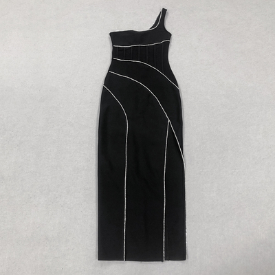 SB3025 Black Sexy Breathable Elastic Elegant Women's Crystal Bandage Dress with Satin Finish Material and Design by Kimshein