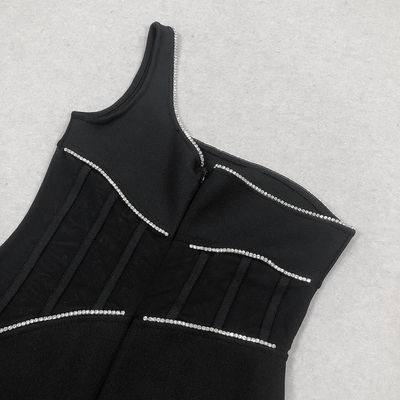 SB3025 Black Sexy Breathable Elastic Elegant Women's Crystal Bandage Dress with Satin Finish Material and Design by Kimshein