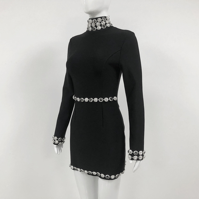 Full Sleeve Length Satin Fabric LS2504 Women's Sexy Mini Crystal Embellished Party Bodycon Bandage Dress at Affordable