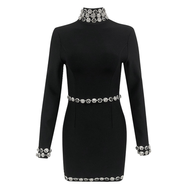 Full Sleeve Length Satin Fabric LS2504 Women's Sexy Mini Crystal Embellished Party Bodycon Bandage Dress at Affordable