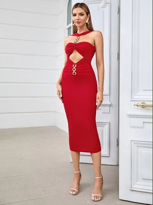 2024 Women's Bandage Skirt Elegant Knee-Length Hollow Out Tight Red Midi Club Skirt with Intelligent Tracking Support