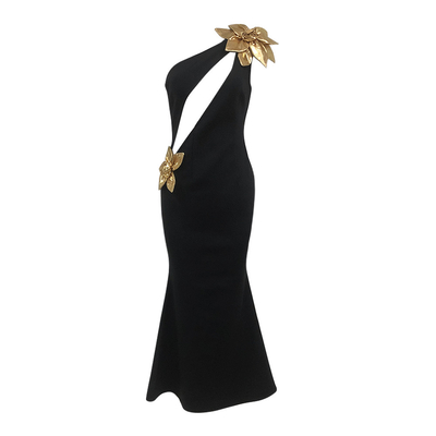 SB3092 Black Sexy Evening Dress with Hollow Out Bodycon Bandage Maxi One Shoulder Elegant Floral Dress Fabric Weight 400g
