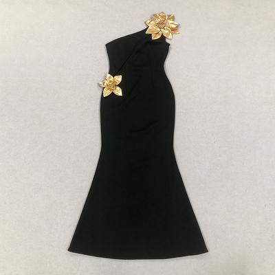 SB3092 Black Sexy Evening Dress with Hollow Out Bodycon Bandage Maxi One Shoulder Elegant Floral Dress Fabric Weight 400g