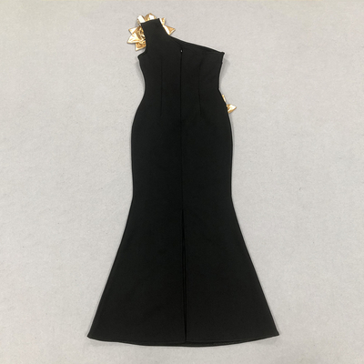 SB3092 Black Sexy Evening Dress with Hollow Out Bodycon Bandage Maxi One Shoulder Elegant Floral Dress Fabric Weight 400g