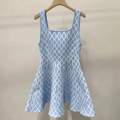 Elegant Women's Blue Knitted Dress KD2260 Sleeveless Short Dress with Needlework Craft and 7-Day Fast Sampling Support