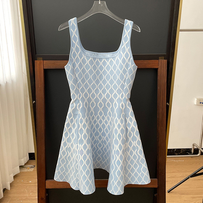 Elegant Women's Blue Knitted Dress KD2260 Sleeveless Short Dress with Needlework Craft and 7-Day Fast Sampling Support