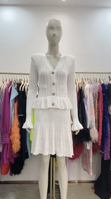KD2258 White Knitted Dress with Flared Pants and V-Neck Design Classic Women's Bodycon Dress Checkered Craft Summer