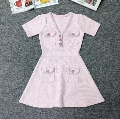 Guangdong's KD2250 Wool Knit Dress One-line Style Sparkling Sequin V-neck Crystal Button Party Dress and Elegant Shorts