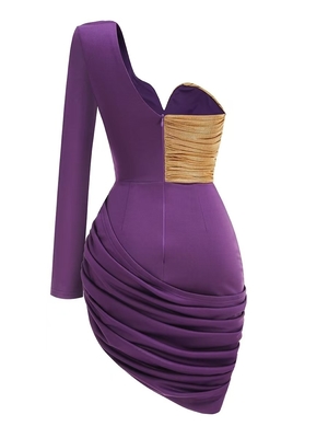 Kimshein LS2572 Women's One-Shoulder Stretch Dance Party Dress with Sexy Elegant Long Sleeves and Tight Mini Cocktail Dress