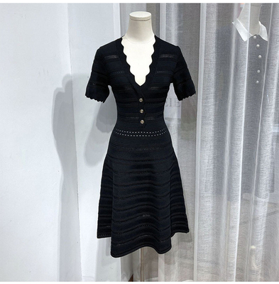 KD2248 Knitted Dress Women's Elegant V-Neck Short Sleeve One-Line Dress for Office Formal Dress 100 Pieces Ready