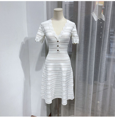 KD2248 Knitted Dress Women's Elegant V-Neck Short Sleeve One-Line Dress for Office Formal Dress 100 Pieces Ready