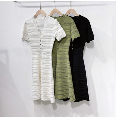 KD2248 Knitted Dress Women's Elegant V-Neck Short Sleeve One-Line Dress for Office Formal Dress 100 Pieces Ready