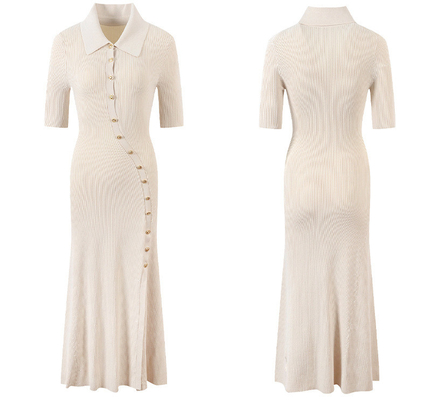 Superb Knitted Dress KD2249 Elegant Short Sleeve Dress with Button Closure Featuring Checkered Knitting Technique