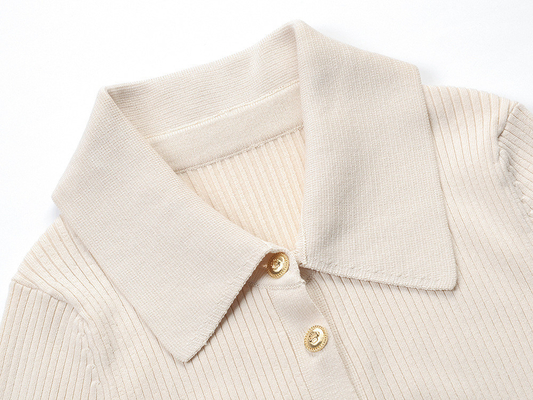 Superb Knitted Dress KD2249 Elegant Short Sleeve Dress with Button Closure Featuring Checkered Knitting Technique