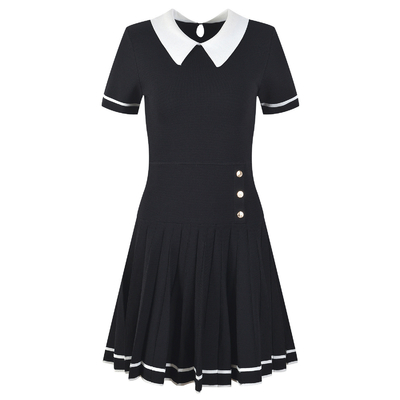 Pleated Skirt Short Sleeve Knitted Dress in Black Polo Collar Customizable Logo Position KD2237 for Young French Ladies
