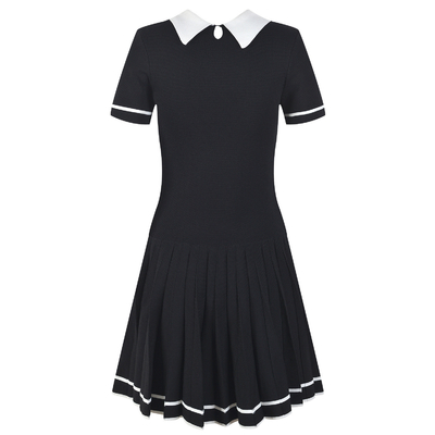 Pleated Skirt Short Sleeve Knitted Dress in Black Polo Collar Customizable Logo Position KD2237 for Young French Ladies