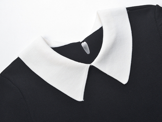 Pleated Skirt Short Sleeve Knitted Dress in Black Polo Collar Customizable Logo Position KD2237 for Young French Ladies