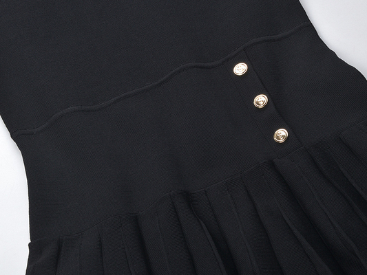 Pleated Skirt Short Sleeve Knitted Dress in Black Polo Collar Customizable Logo Position KD2237 for Young French Ladies