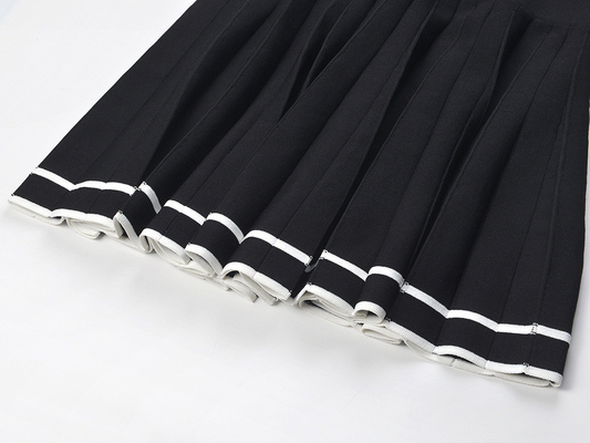 Pleated Skirt Short Sleeve Knitted Dress in Black Polo Collar Customizable Logo Position KD2237 for Young French Ladies