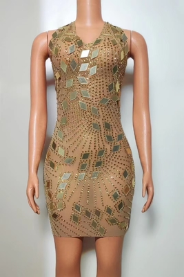 AD2305 Kimshein Women's Fashion Club Dress Mesh Fabric and Beaded Mirror Sequin Dress with Customer Requirements
