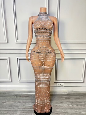Customizable AD2309 Luxurious Women's Sexy Sleeveless Sequin Crystal Ball Gown for Crystal Party Logo Placement Options
