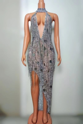 Logo Customization Supported AD2307 Kimshein Birthday Outfit in Elegant Backless Neckline and Sexy Sheer Long Slit Gown