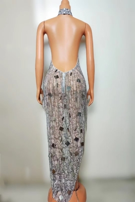 Logo Customization Supported AD2307 Kimshein Birthday Outfit in Elegant Backless Neckline and Sexy Sheer Long Slit Gown