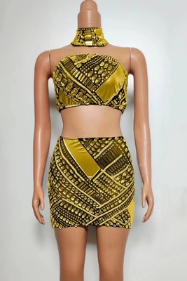Custom Logo/Graphic Process Supported AD2257 Women's Summer Party Crystal Two-Piece Set with High Collar and High Tube