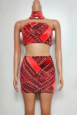 Custom Logo/Graphic Process Supported AD2257 Women's Summer Party Crystal Two-Piece Set with High Collar and High Tube