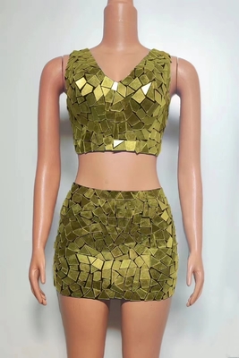 AD2259 Kimshein Fashion Summer Women's Shiny Sequin Mirror Two-Piece Set Handcrafted and Shiny for the Fashionable Woman