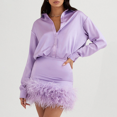 Casual Life Occasion H3351 Two-Piece Long-Sleeved Business Shirt and Top-Grade Women's Satin Dress Suit with Feather