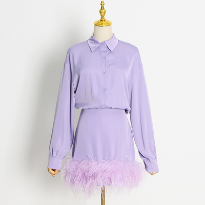 Casual Life Occasion H3351 Two-Piece Long-Sleeved Business Shirt and Top-Grade Women's Satin Dress Suit with Feather