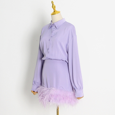 Casual Life Occasion H3351 Two-Piece Long-Sleeved Business Shirt and Top-Grade Women's Satin Dress Suit with Feather